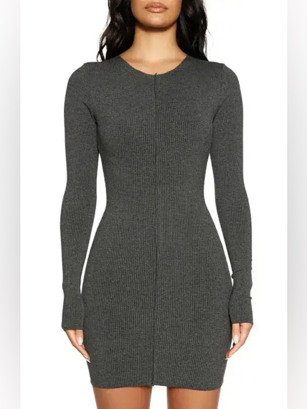 Naked Wardrobe L Slim Ribbed Long Sleeve Bodycon Dress - Charcoal